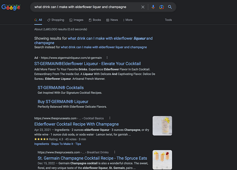Google search results for elderflower liqueur