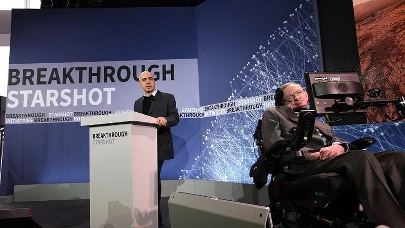 Stephen Hawking and Yuri Milner at the Breakthrough Starshot event