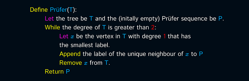 Visual explanation of generating a Prüfer sequence