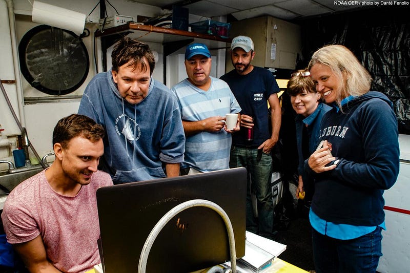 Researchers observing the giant squid footage