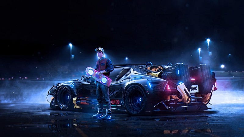 Artistic depiction of Mr. Marty McFly with his vehicle