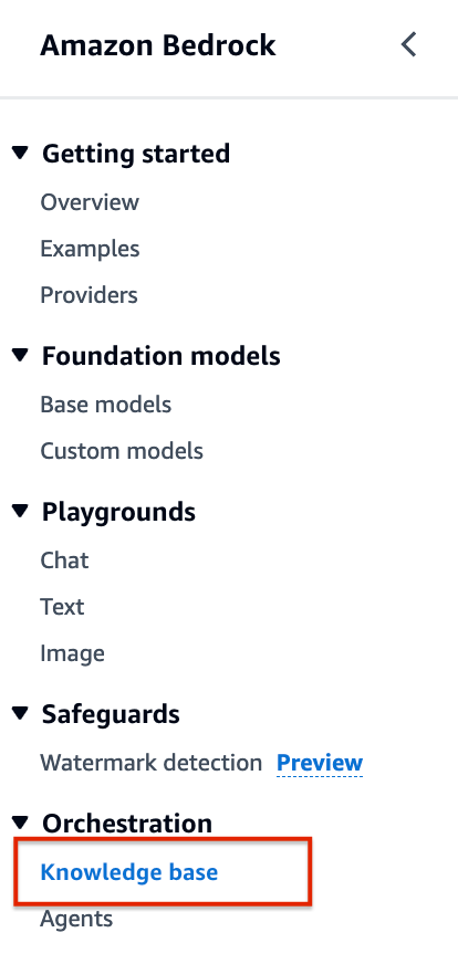 AWS console interface for Knowledge Base setup