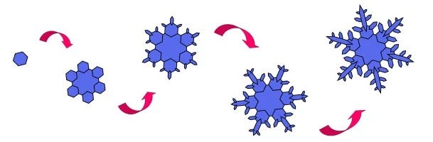 Formation of ice crystals in snowflakes