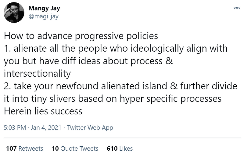 Mangy Jay's perspective on political movements.