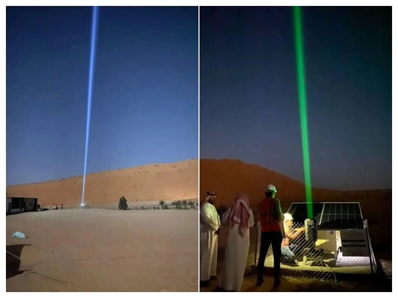 Solar-powered laser guiding lost individuals in the desert